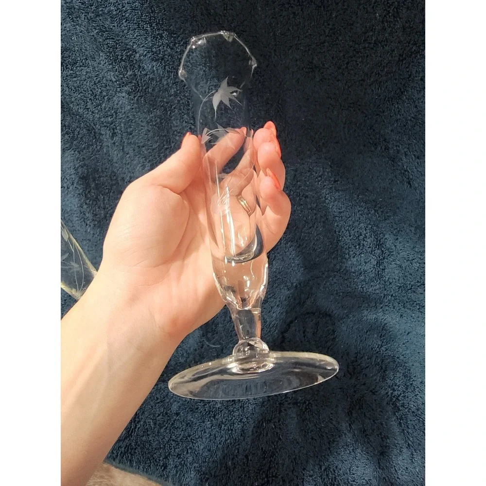 Vintage Etched Glass Bud Vases Pair Ruffled Rim Floral Trumpet Pedestal 10 Inch
